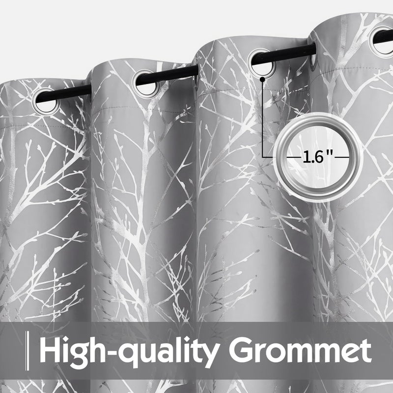 FMFUNCTEX 100% Blackout Curtains for Bedroom, Curtains 96 Inches Long Silver on Grey Tree Curtains for Living Room, Silver Foil Room Darkening Thermal Insulated Branch Curtain, 2 Panels Grommet Top - Image 3